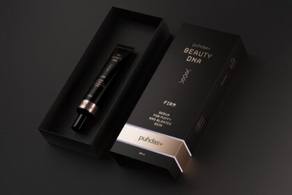 My Beauty DNA Firm Serum in an open box with detailed packaging design highlighting the luxurious branding.